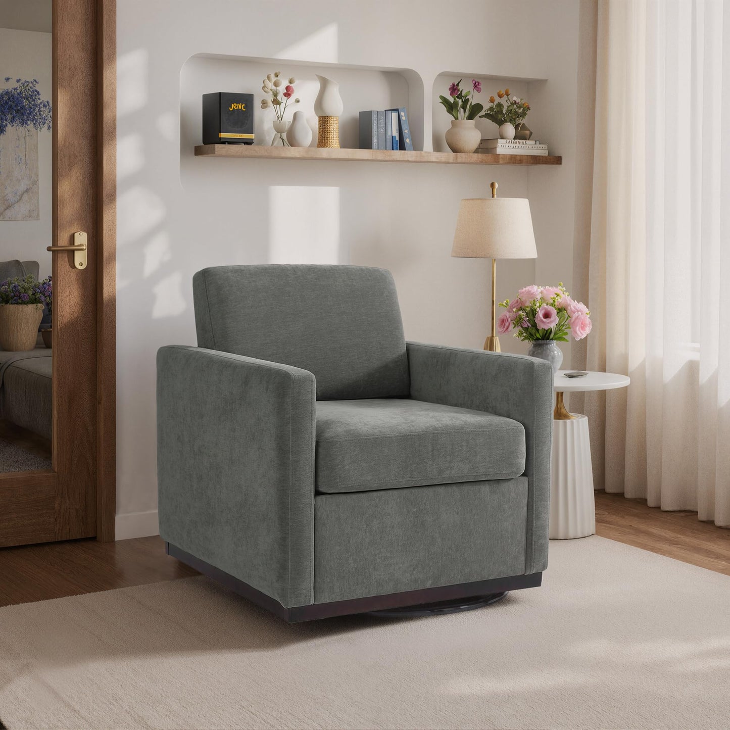 Swivel Accent Chairs Set of 2, 360° Swivel Upholstered Faux Leather Club Armchairs for Living Room, Comfy Single Sofa Reading Chair with Deep Seat, Metal Swivel Base, Coffee