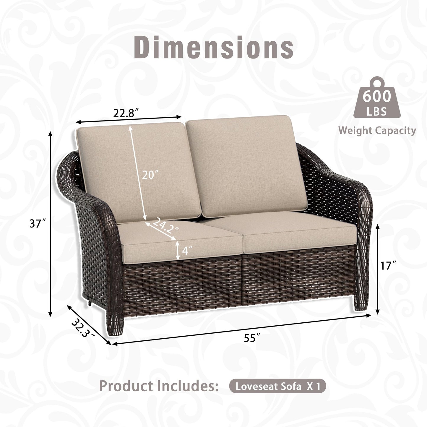 55 inch Outdoor Wicker 2 Seater Sofa, All-Weather Use Patio Rattan Loveseat with Seat and Back Cushion, Ideal for Porch, Backyard, Balcony, Poolside, Blue