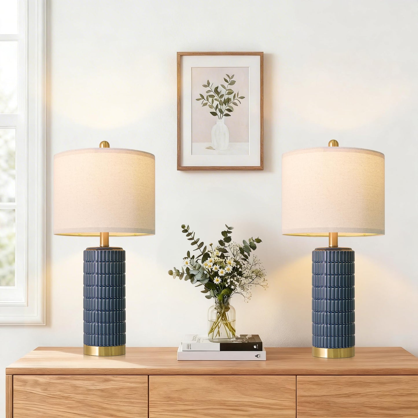 PoKat Small Bedside Table Lamps Set of 2 for Bedroom Living Room, 21.5'' Modern Ceramic Nightstand Lamps with Gold Base, Farmhouse Table Lamps for Office End Side Table Console, White and Beige