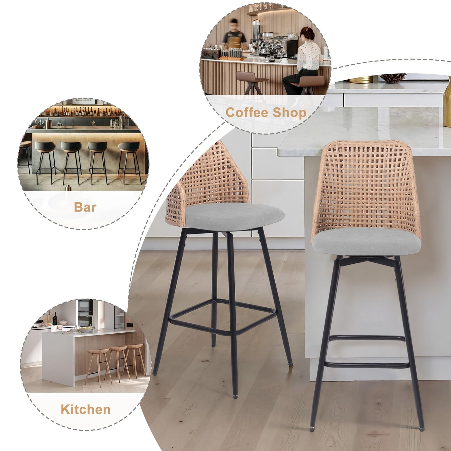 28.7" Swivel Bar Stools Set of 2, Mid Century Modern Counter Height Barstools with Rattan Backrest, Upholstered Chenille Armless Bar Chair Island Stools for Kitchen Island, Bar, Beige