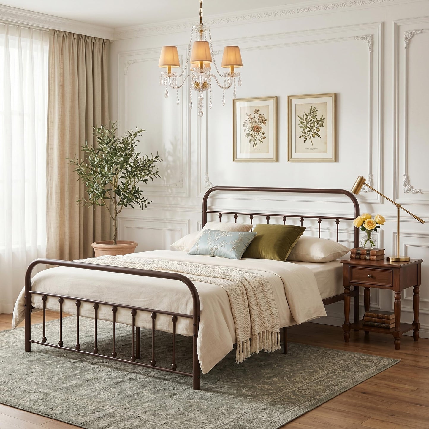 VECELO King Size Victorian Style Metal Bed Frame with Headboard/Mattress Foundation/No Box Spring Needed/Under Bed Storage and Strong Slat Support Purple Bronze