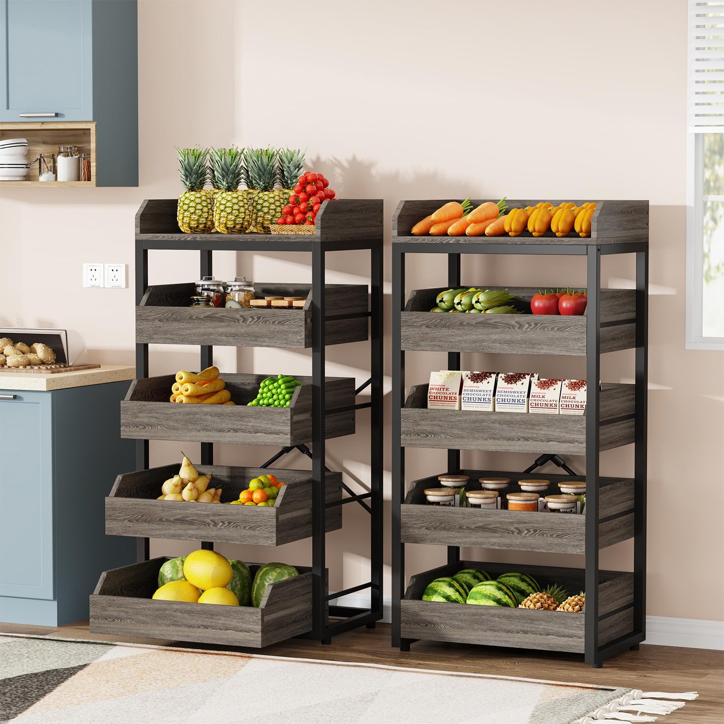 Tribesigns Wood Fruit and Vegetable Storage Rack, 5-Tier Pull-Out Snack Stand Fruit Basket Stand, Utility Shelf Organizer for Kitchen, Living Room, Bedroom, Rustic Brown