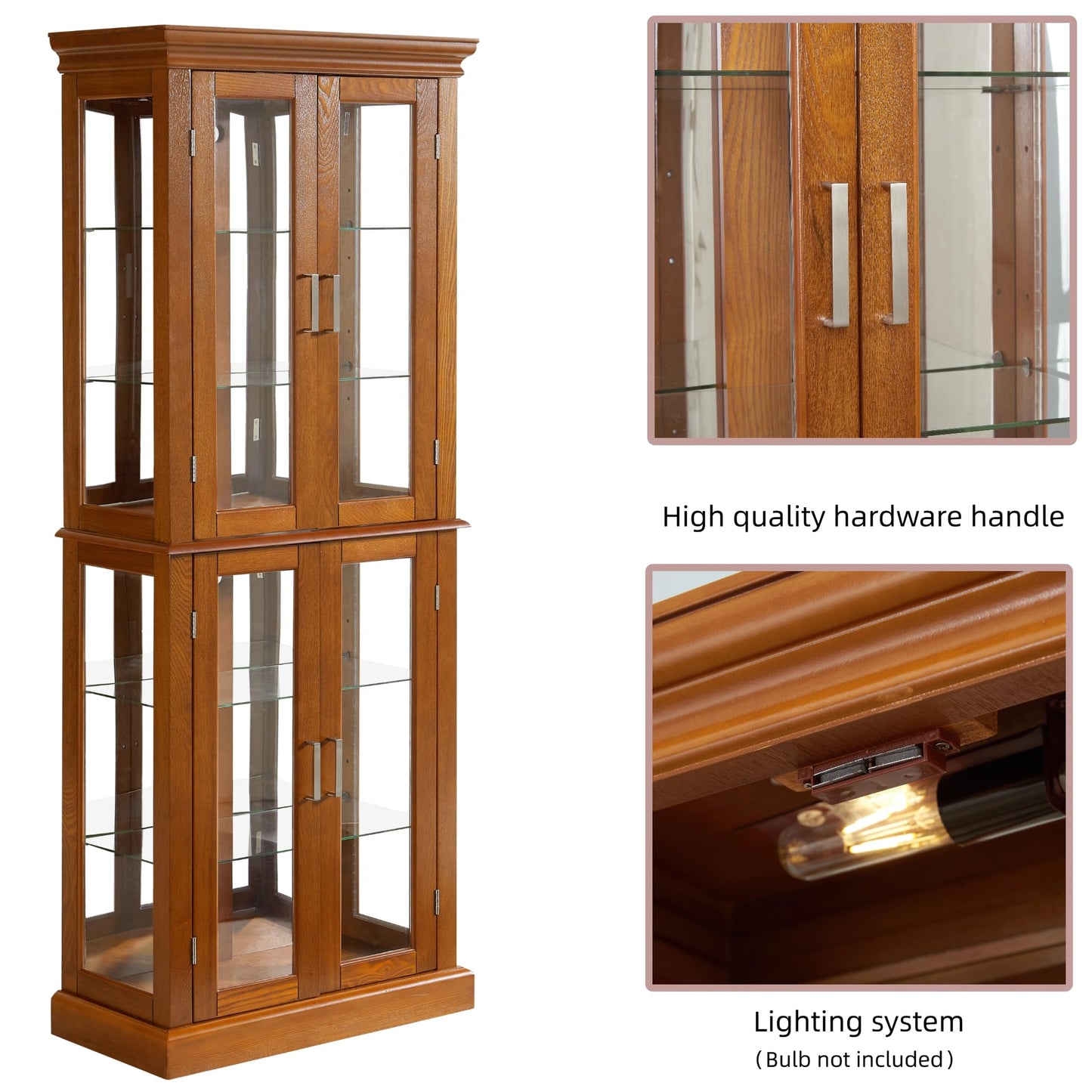 LKTART Curio Glass Display Cabinet with Lighted and Mirrored Back Panel,China Cabinets with Glass Doors,Tall Storage Cabinets with Adjustable Shelves for Curio Collectibles Storage(Cherry)