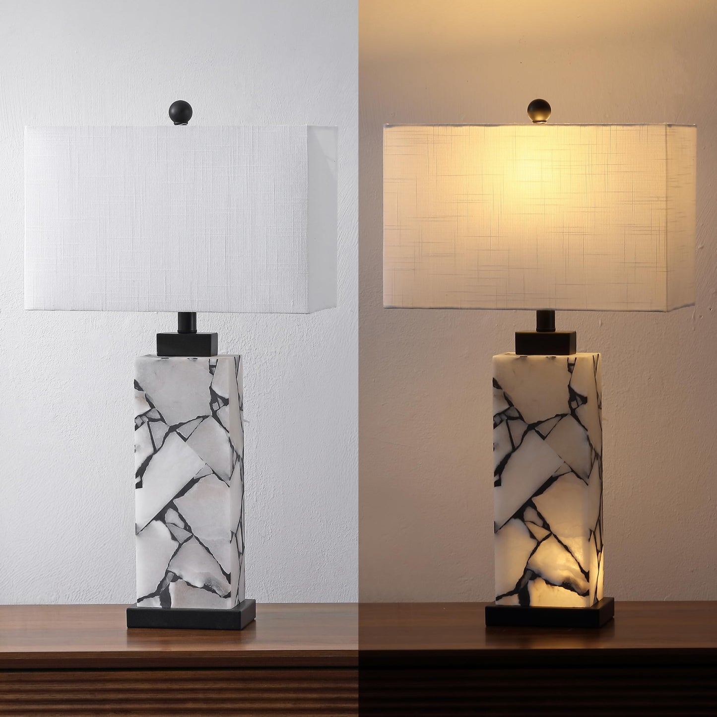 JONATHAN Y 24.25" Black/White Modern Alabaster LED Table Lamp for Home Decor, White Linen Shade, Coastal Nightstand Lamp with Built-in Base Accent Light (JYL8507A)