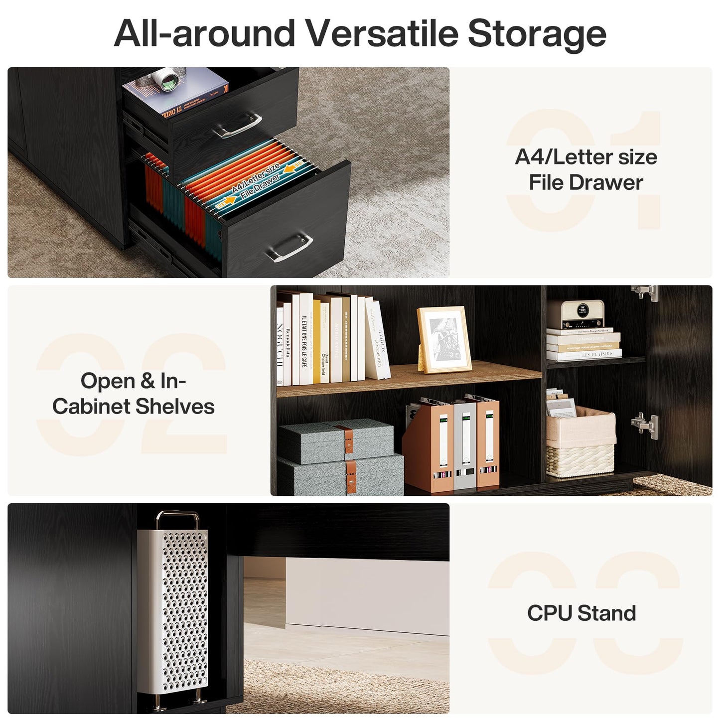 Tribesigns 85.8-Inch L-Shaped Executive Desk with File Drawers, Door Cabinet & Shelves, Extra Large Commercial Office Desk, Modern Professional Office Table, Business Furniture, Warm Brown & Black