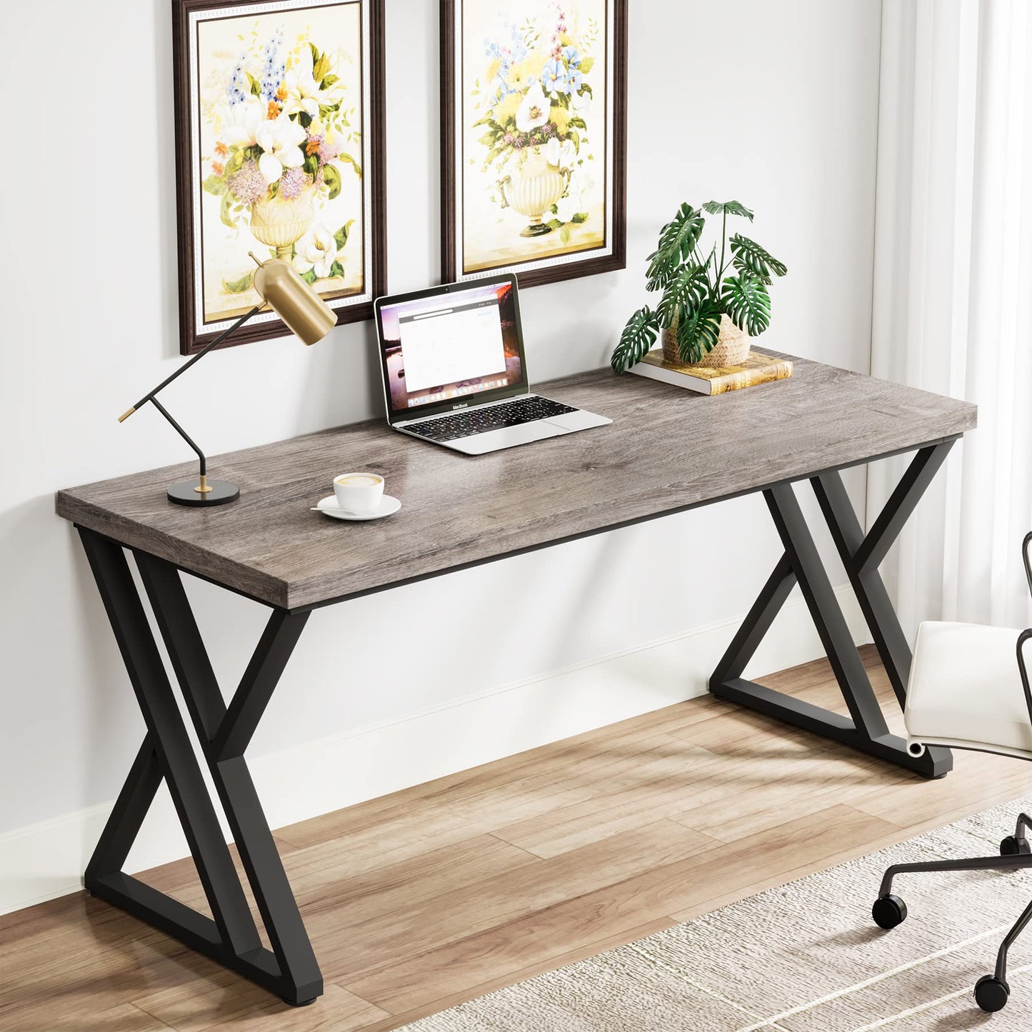 Tribesigns Modern Walnut/White 55" Heavy Duty Computer Desk, Study & Work Desk, 23.6"D x 55.1"W x 29.5"H, Z-Shaped Metal Legs, 330 lbs Capacity