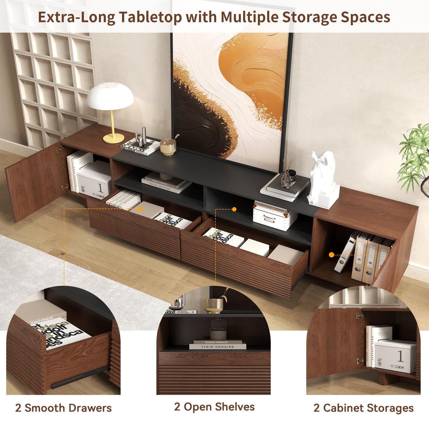 Epecoya 78.8 Inch TV Stand with Storage Cabinets for Living Room, TVs Media Console Entertainment Center with Drawers, Wood Fluted Television Stands with Open Shelves for Bedroom, Dark Brown Walnut
