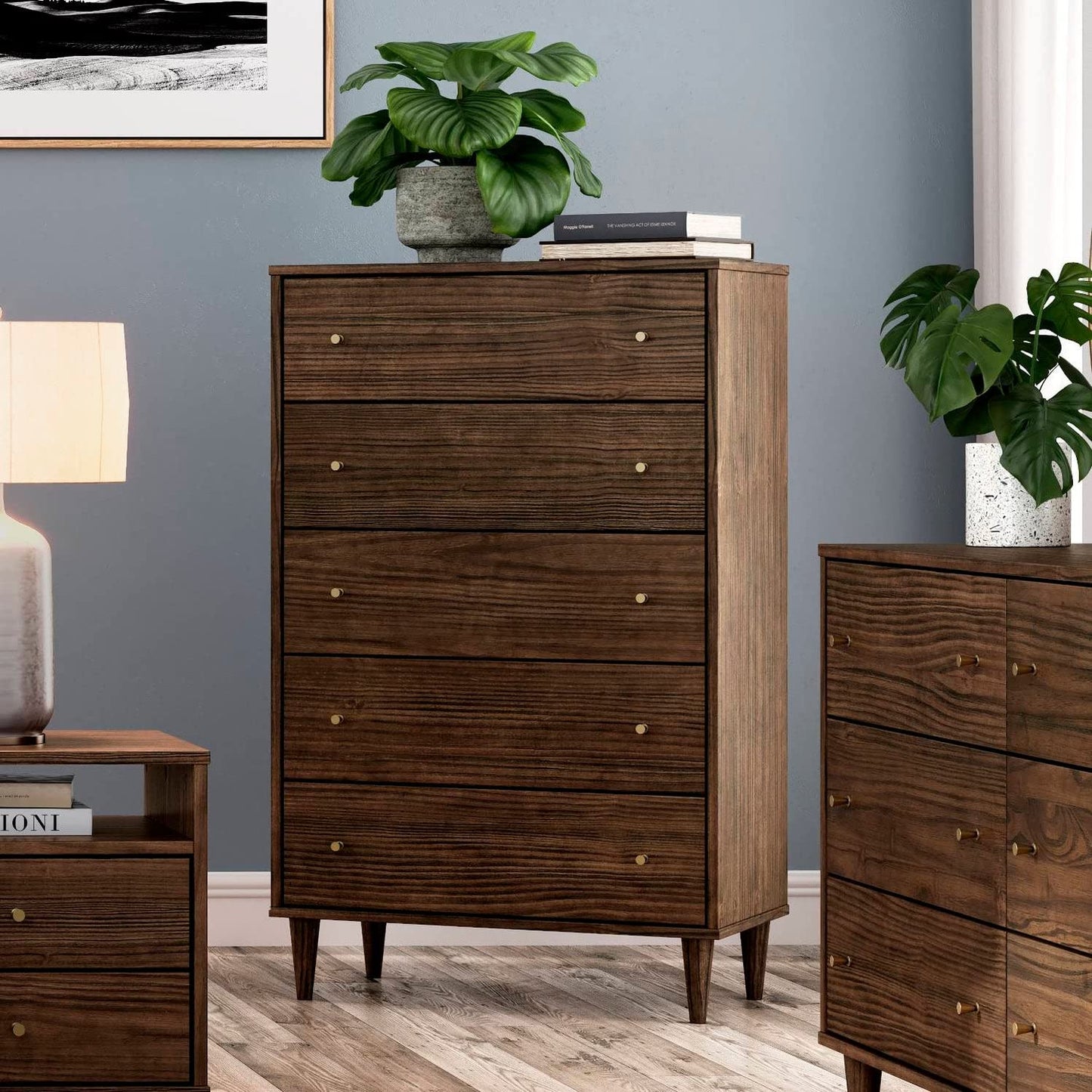 Grain Wood Furniture Mid Century 5-Drawer Chest, Brushed Walnut