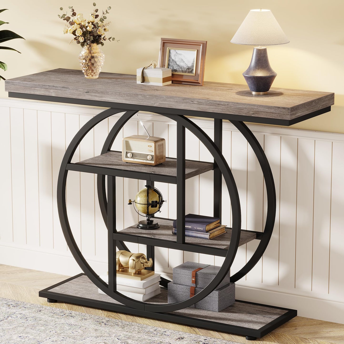 Tribesigns 41.3" Console Table, Industrial 4-Tier Sofa Table Entryway Table with Circle Base, Narrow Wood Accent Tables with Storage Shelves for Living Room, Hallway, Foyer, Rustic Brown
