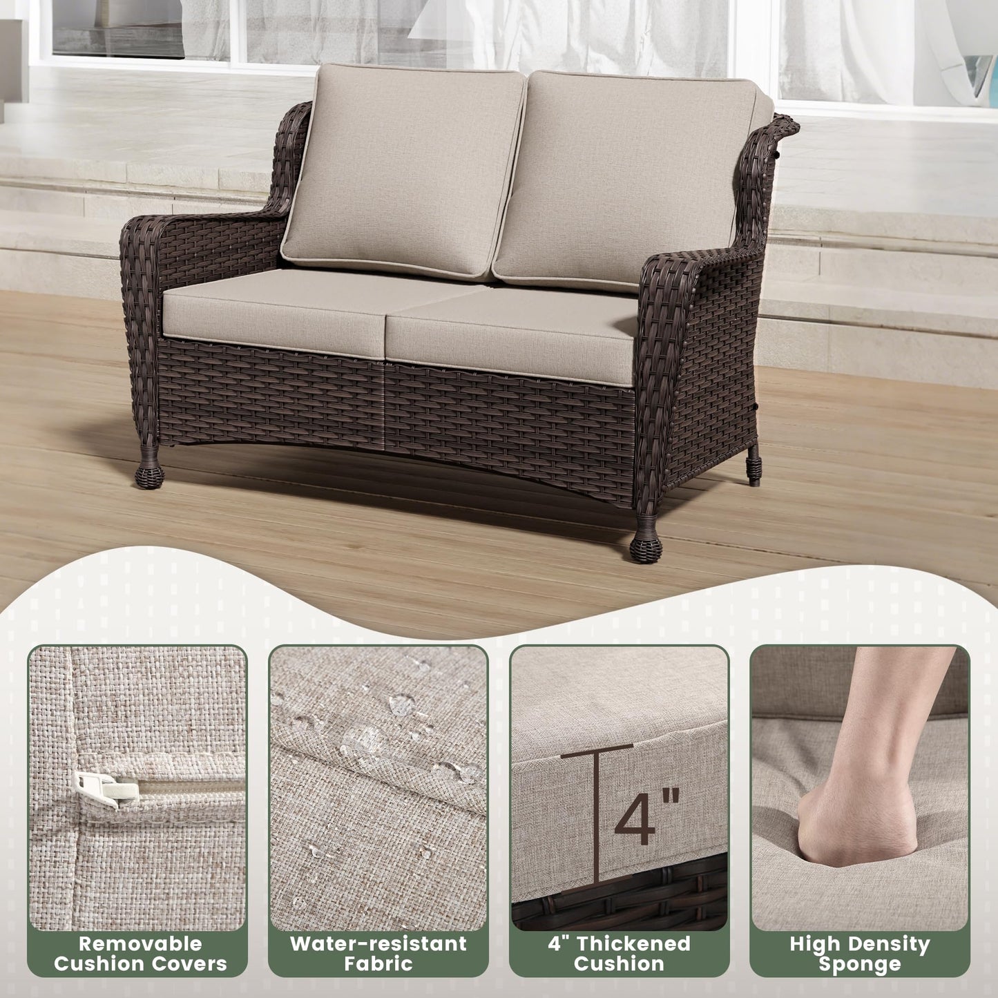 Wicker Patio Loveseat, All-Weather Rattan 2-Seat Sofa with Cushions, Outdoor Patio Furniture Set for Patio, Balcony, Backyard, Deck, Poolside
