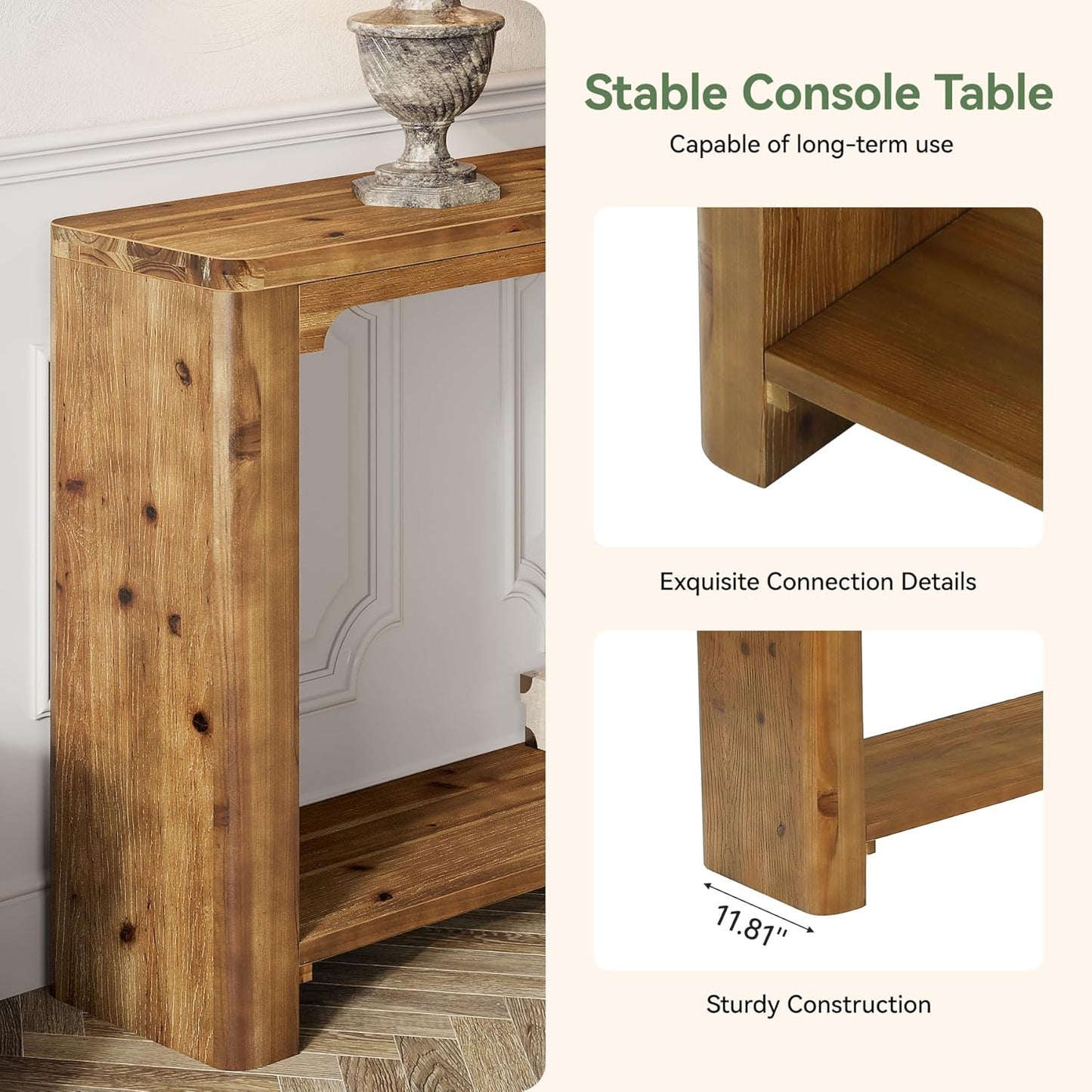 2-Tier Wooden Sofa Table, 63" Behind the Couch Table, Farmhouse Console Table, Solid Wood Entryway Table with Storage for Living Room, Entrance, Foyer, Hallway (Rustic Brown)
