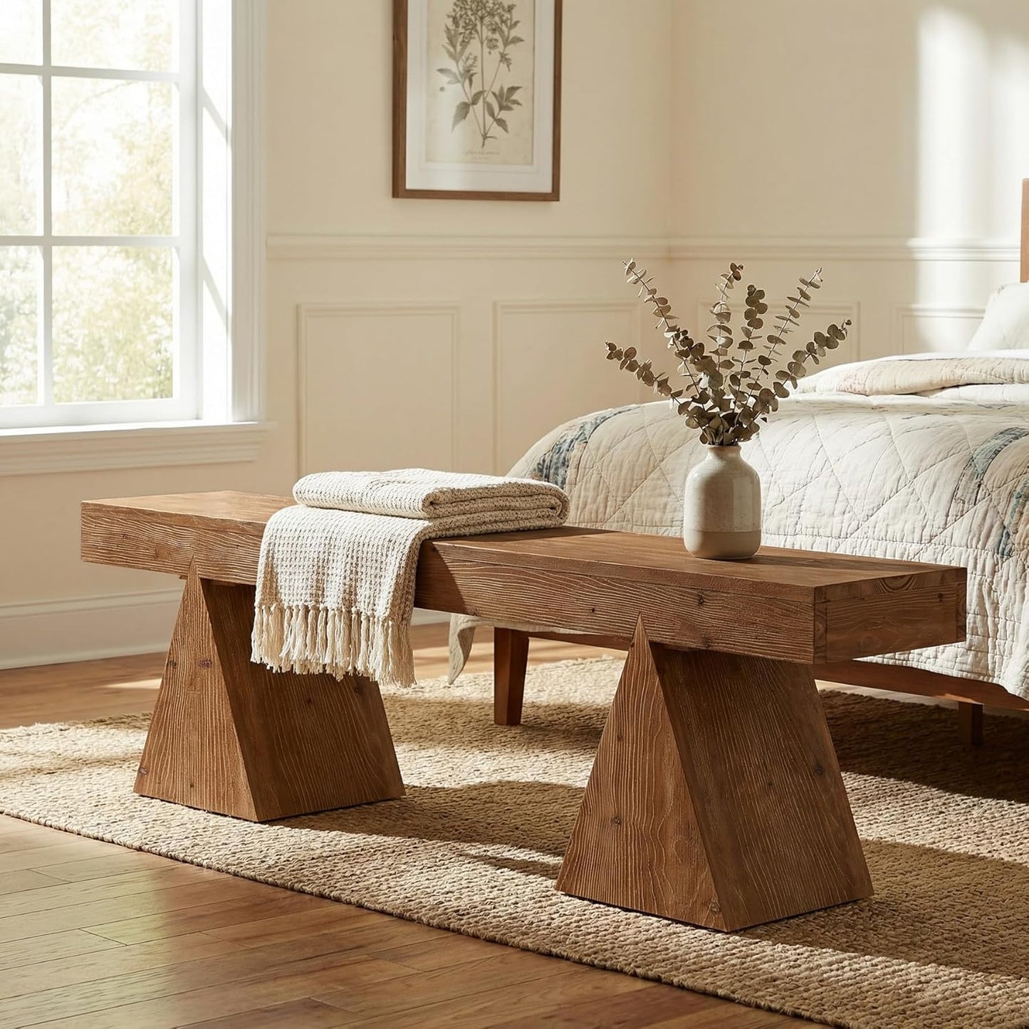 Solid Wood Bench-63 Rustic Indoor End of Bed Bench, Farmhouse Entryway Benches with Triangle Base for Bedroom, Hallway, Kitchen (Rustic Brown)