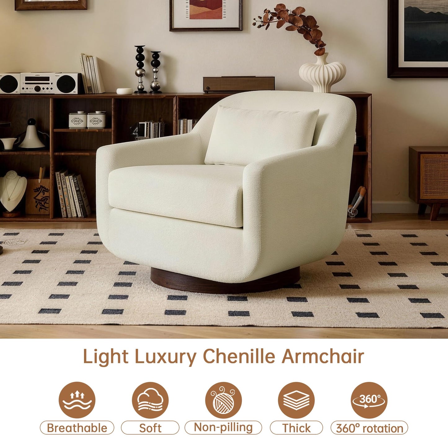 Swivel Accent Chair, 360° Swivel Upholstered Barrel Chair for Living Room, Comfy Club Armchairs Reading Chair with Curves Back Design, Metal Swivel Base, Chenille Fabric, Dark Gray