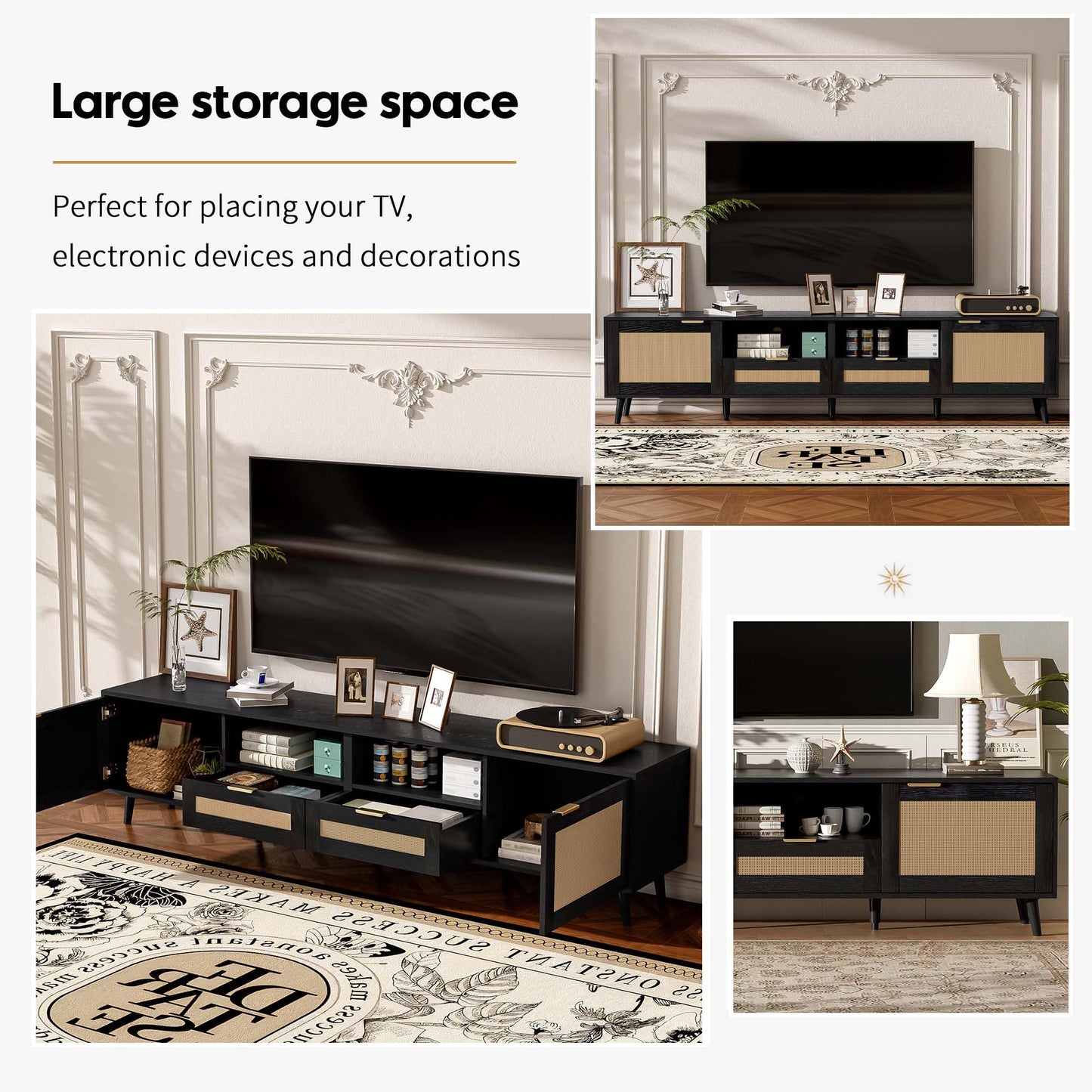 LKTART 67" Mid Century Modern TV Stand for 65/70/75/80" TVs,Entertainment Center with Sliding Doors and Drawers,Media Console for Living Room