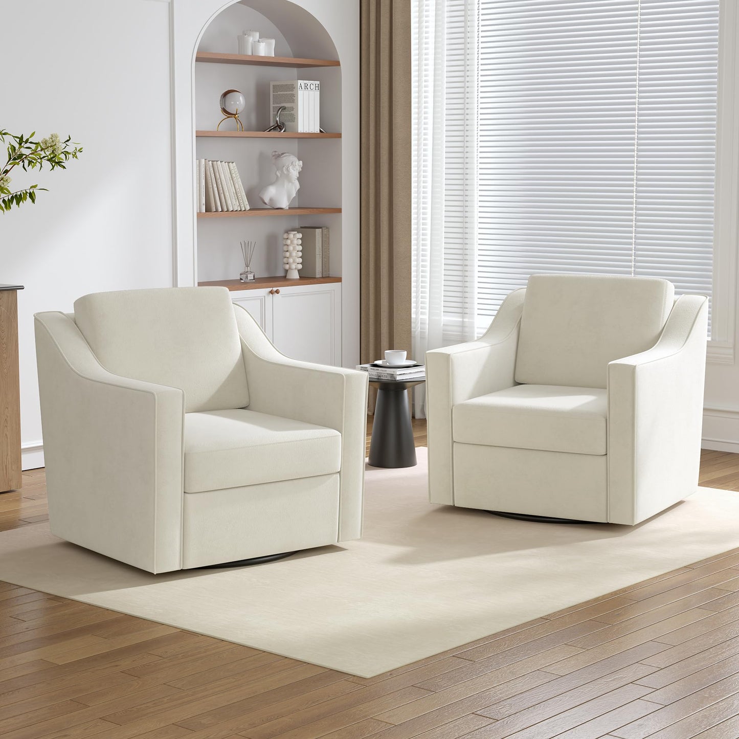 Swivel Accent Chairs Set of 2, 360° Swivel Upholstered Faux Leather Club Armchairs for Living Room, Comfy Single Sofa Reading Chair with Deep Seat, Metal Swivel Base, Coffee