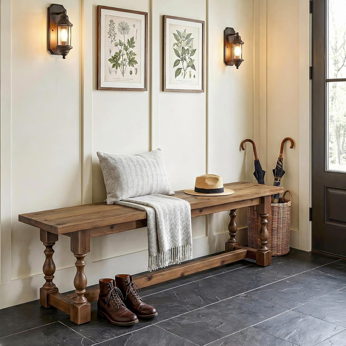 Rustic Solid Wood Entryway Bench, 59.1" Long Farmhouse Dining Seat with Turned Legs, End of Bed Bench for Entryway, Dining Room, Bedroom, Holds Up to 300 lb, Easy Assembly, Natural Brown