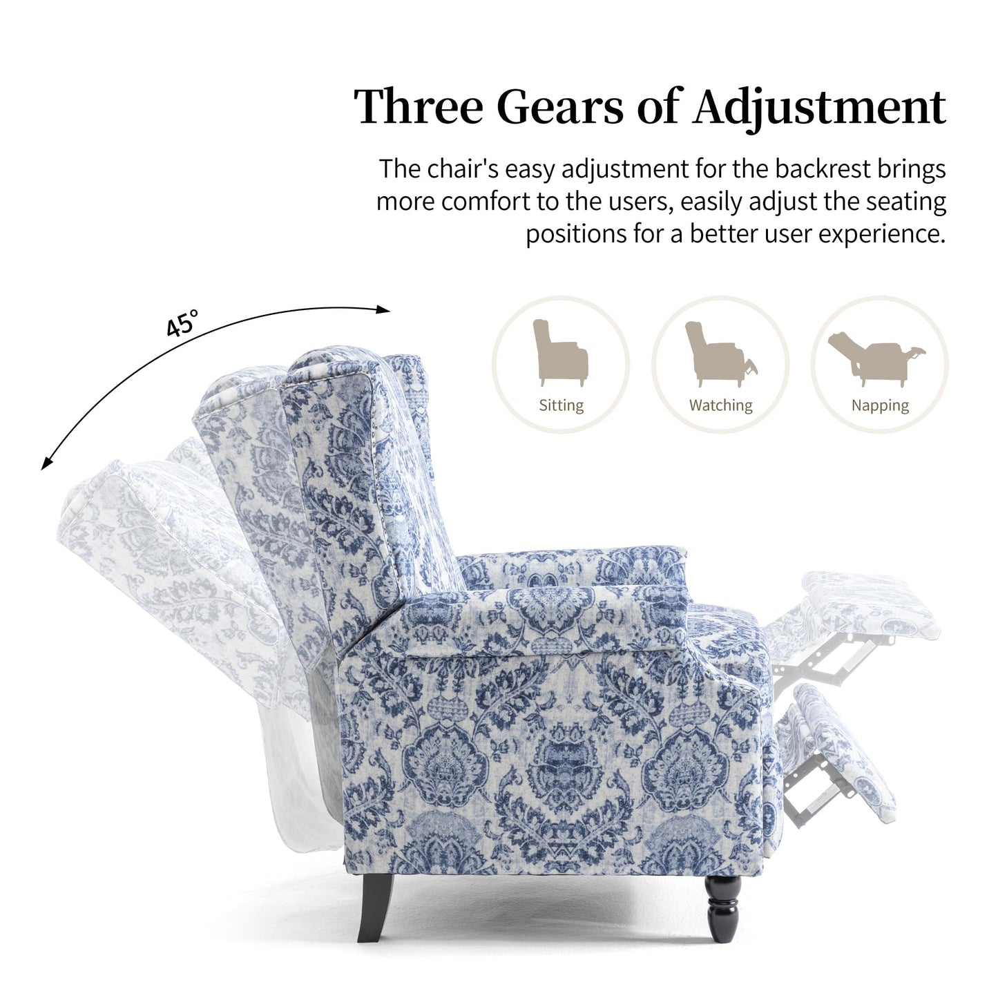 Pushback Recliner Chair, Printed Fabric Wingback Recliner Chair for Living Room, Upholstered Armchair Push Back Recliner with Wood Legs, Rivet Trim Wingback Accent Chair for Bedroom, Navy