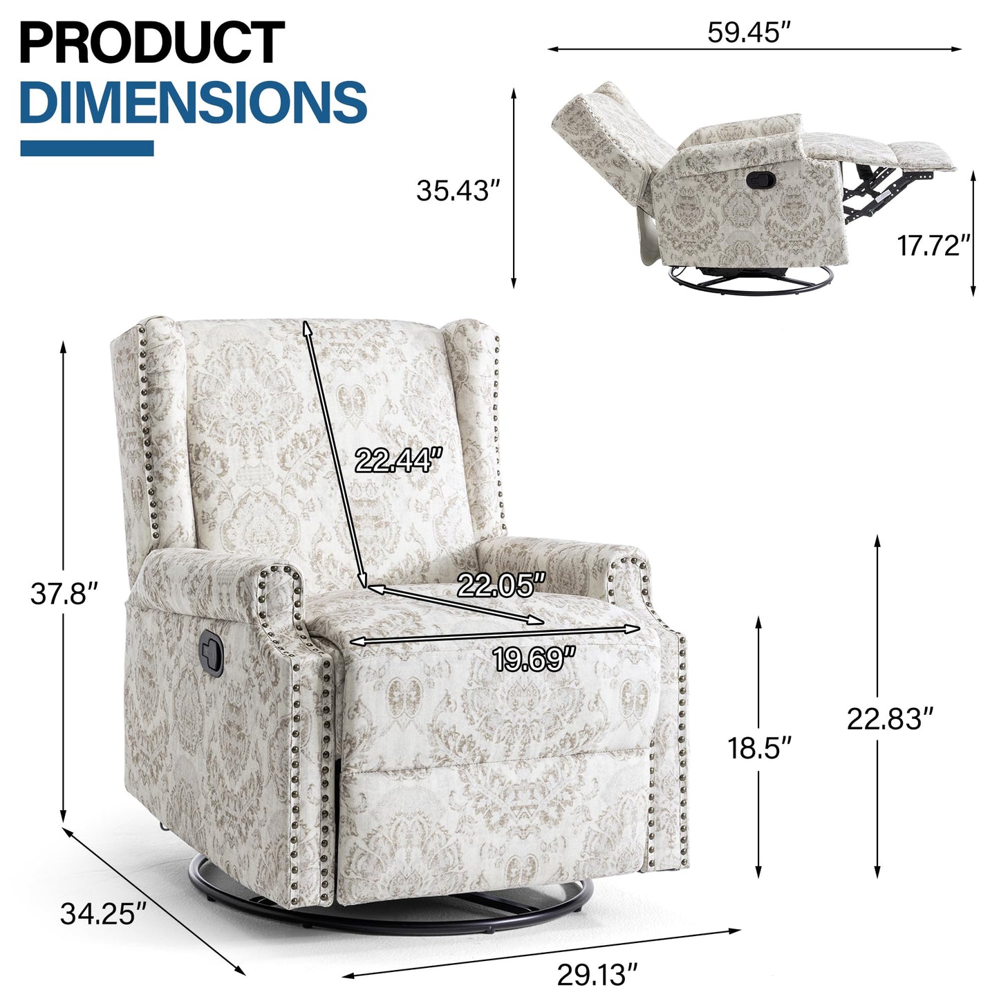 Swivel Rocker Recliner Chair, 360° Swivel Wingback Recliner Chairs for Adults, Upholstered Printed Fabric Glider Rocking Chair with High Back, Deep Seat for Living Romm Bedroom, Bird