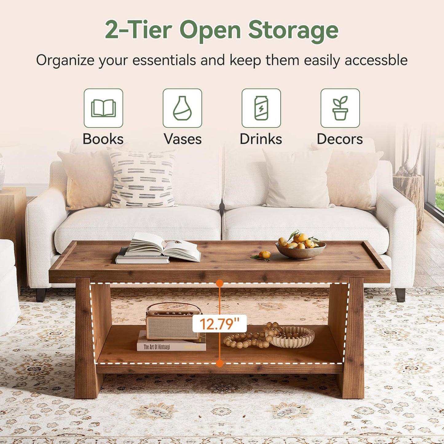 47" Solid Wood Coffee Table with Storage, Farmhouse Rectangular Coffee Table with 2-Tier Shelf & Raised Edge, Living Room Center Table, Rustic Brown