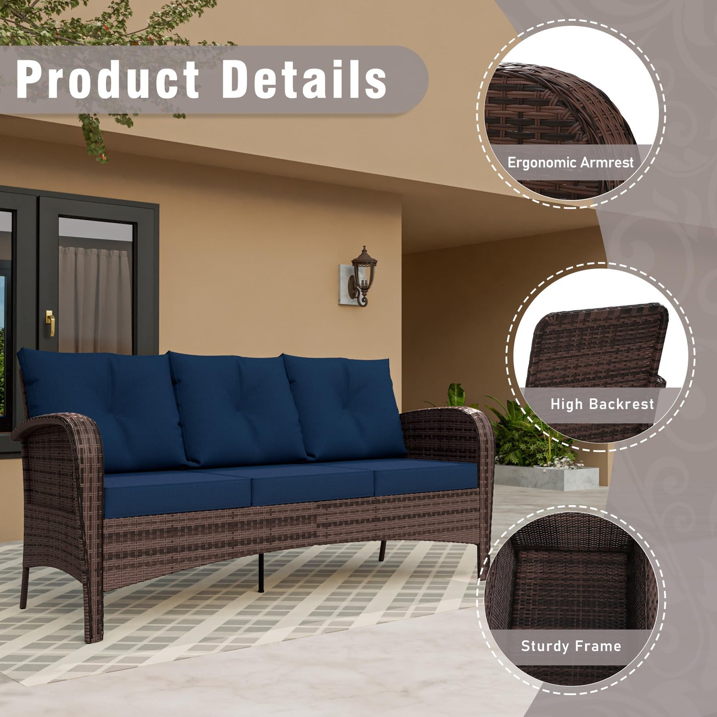 4 Piece Patio Conversation Set - 2 Swivel Chairs 1 Coffee Table 3-Seater Sofa, PE Wicker & Steel Patio Furniture with Heavy-Duty Steel Frame,Weatherproof Cushions, Red