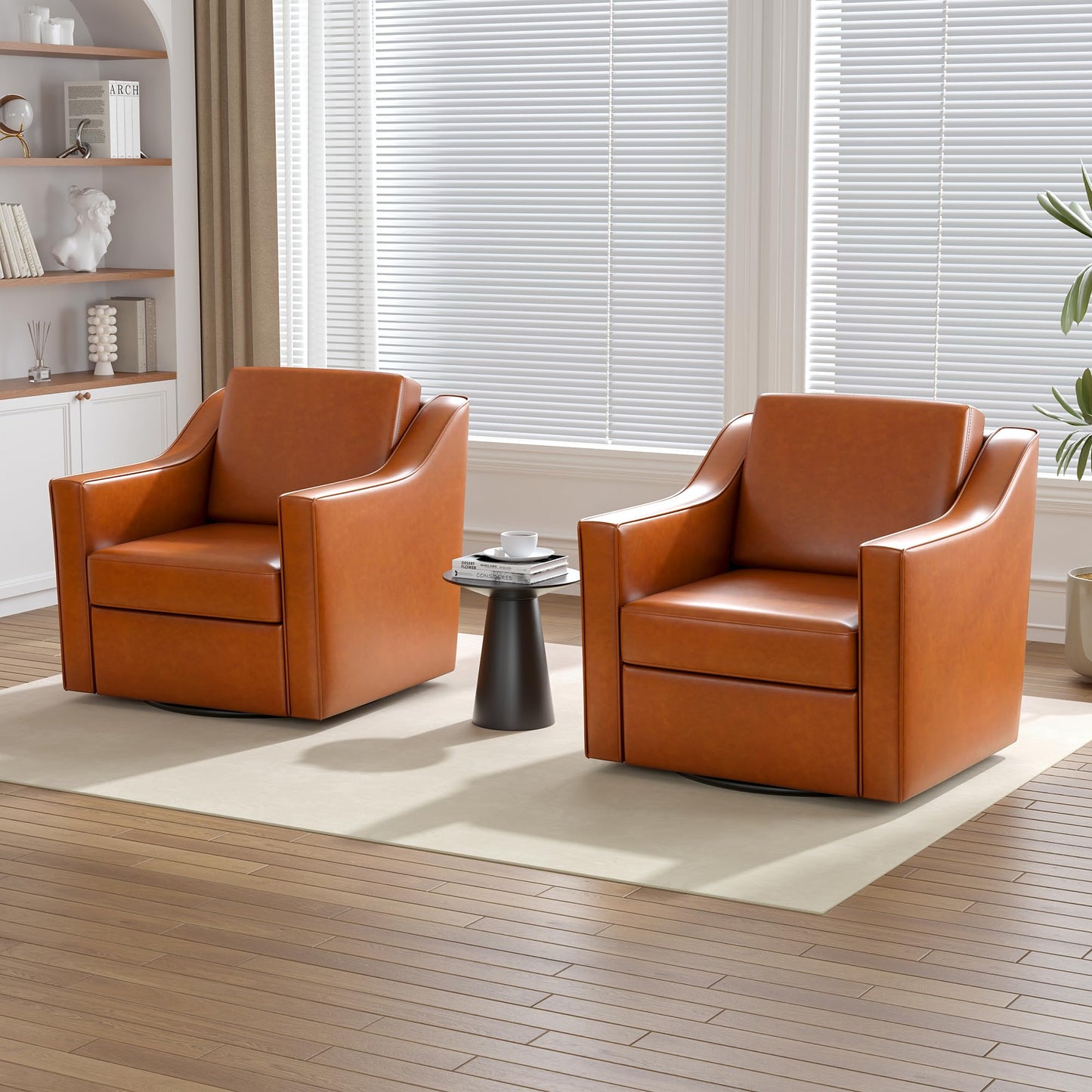 Swivel Accent Chairs Set of 2, 360° Swivel Upholstered Faux Leather Club Armchairs for Living Room, Comfy Single Sofa Reading Chair with Deep Seat, Metal Swivel Base, Coffee