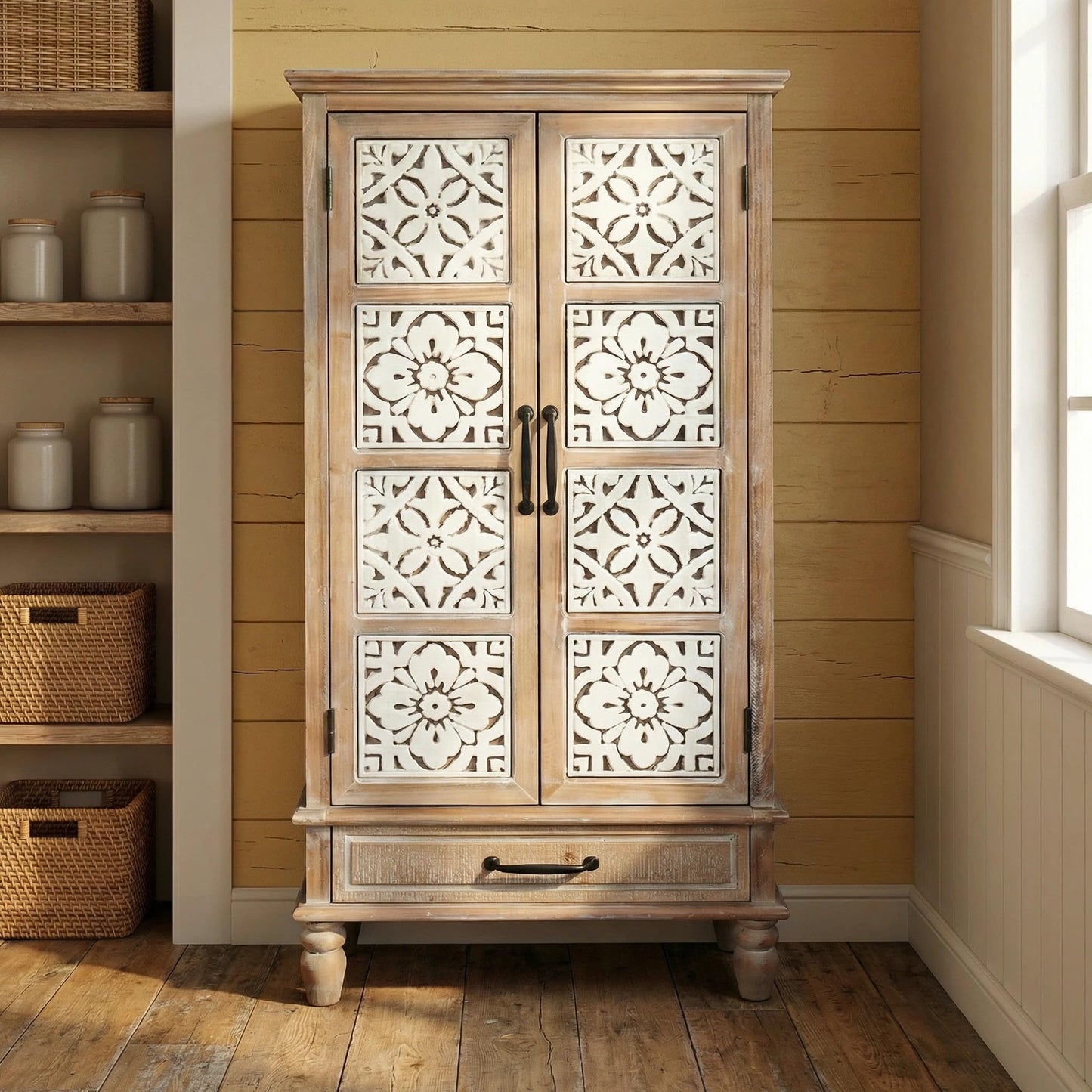 LKTART KTART 55'' Tall Kitchen Pantry Cupboard Storage Cabinet with Shelves & Drawer,French Country Accent Cabinet with Embossed Floral Metal Doors and Solid Wood Frame,Natural Wood