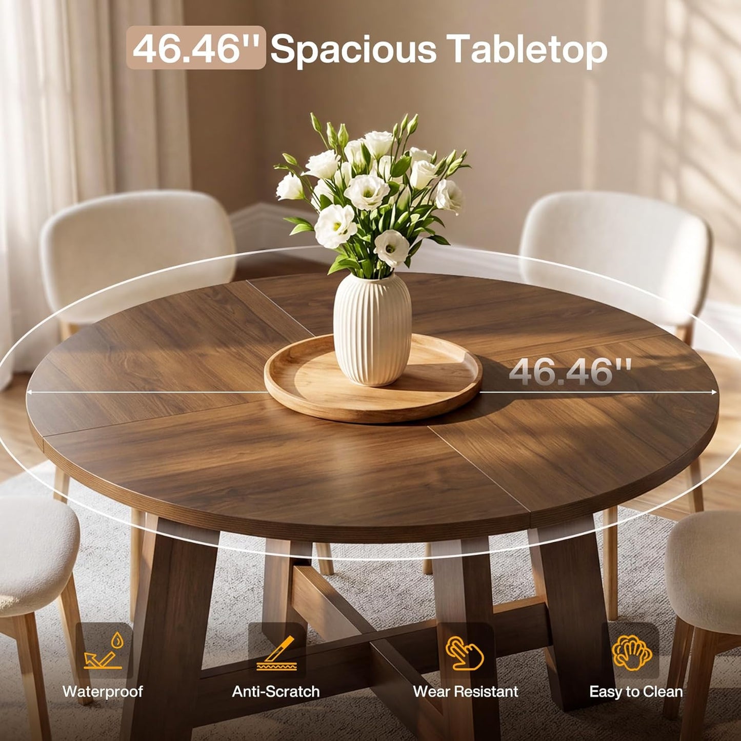 Tribesigns Round Dining Table for for 4-6 People, 47-Inch Circle Kitchen Table with Reinforced Cross Brace, Farmhouse Dining Room Furniture for Living Room, Apartment, Restaurant, Walnut Brown