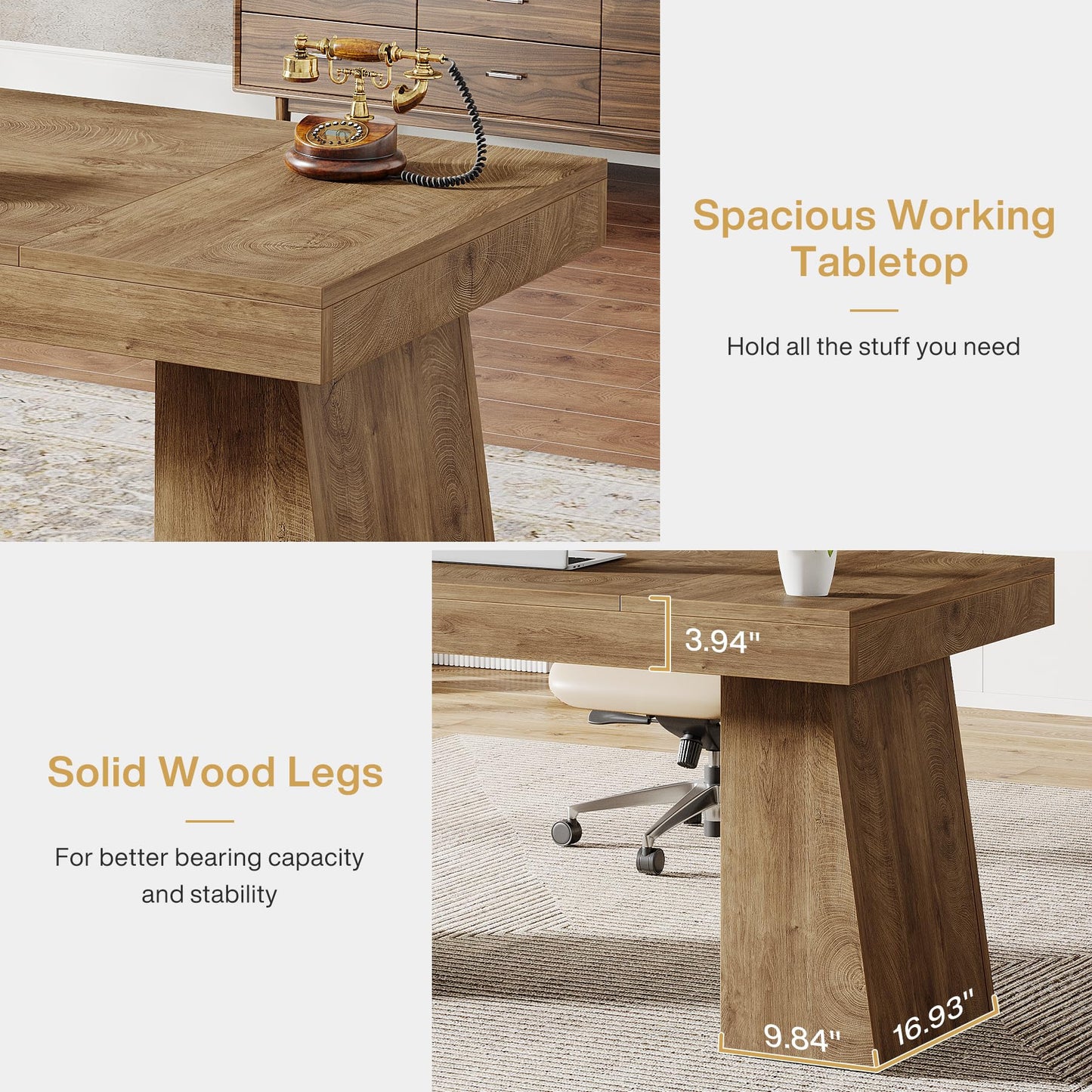Tribesigns 55 Inches Executive Desk, Mid-Century Modern Home Office Desk, Wood MDF Computer Table Business Workstation Small Conference Table, Light Brown