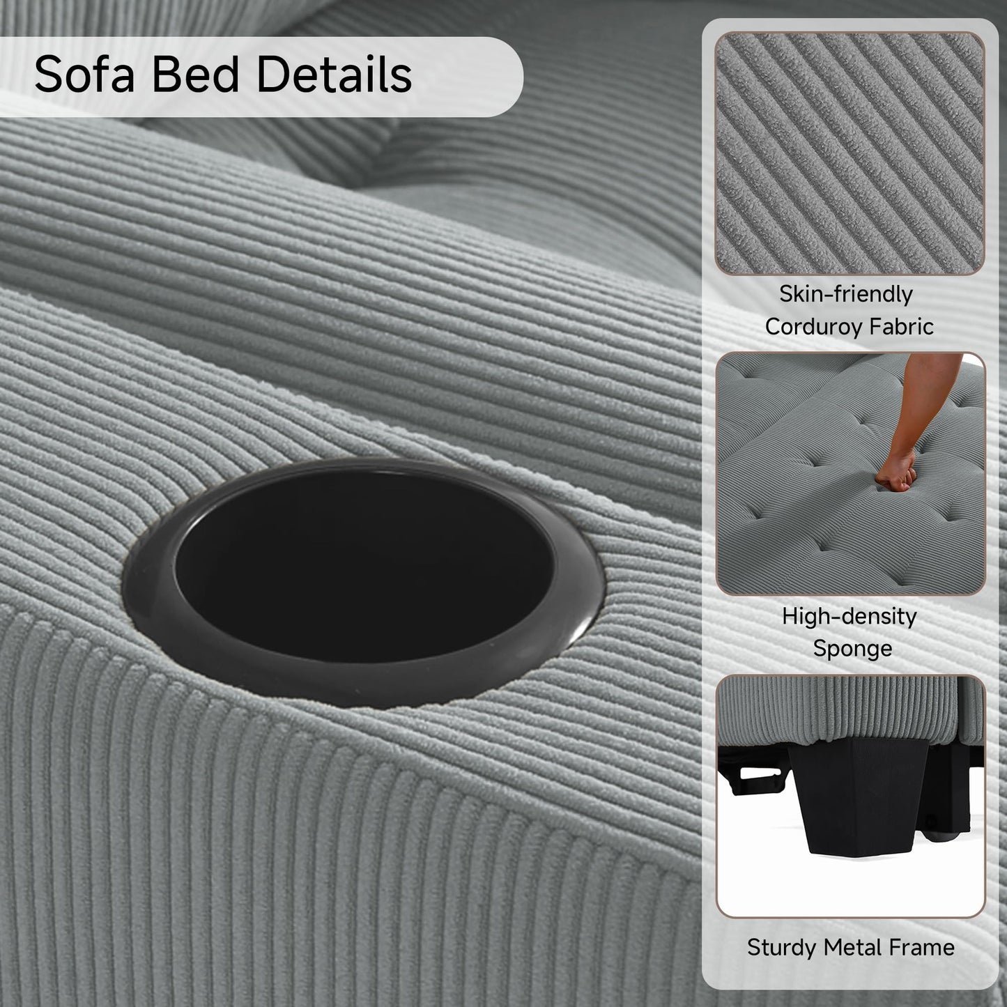 Sleeper Sofa Chair Bed, 3-in-1 Convertible Sleeper Chair with Pull Out Bed, Comfy Corduroy Sofa Bed Couch with Reclining Adjustable Backrest, USB Ports, Cup Holder, Side Pocket (Gray, 38.8")