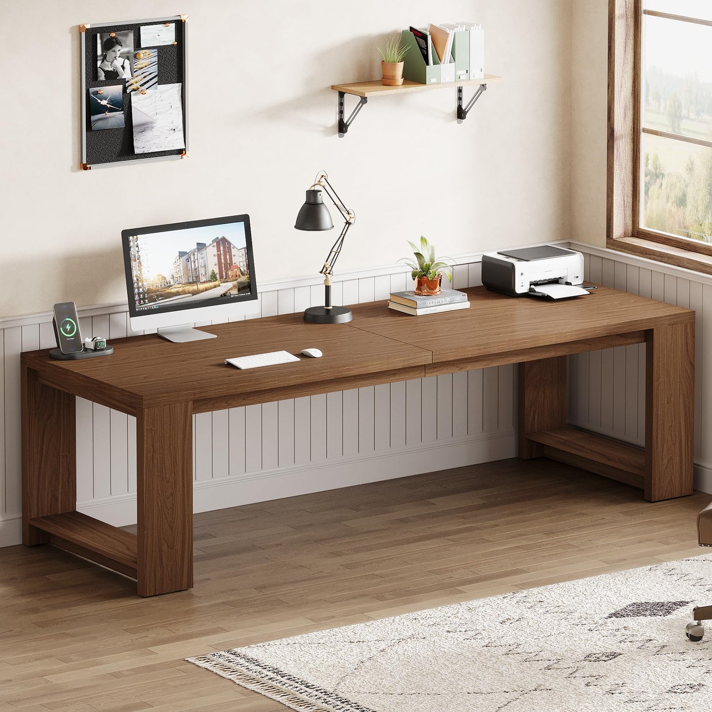 Tribesigns Two Person Desk, 86.6 Inches Extra Long Desk, Double Computer Writing Table, Wood Large Desks Workstation for Home Office, Natural Wood