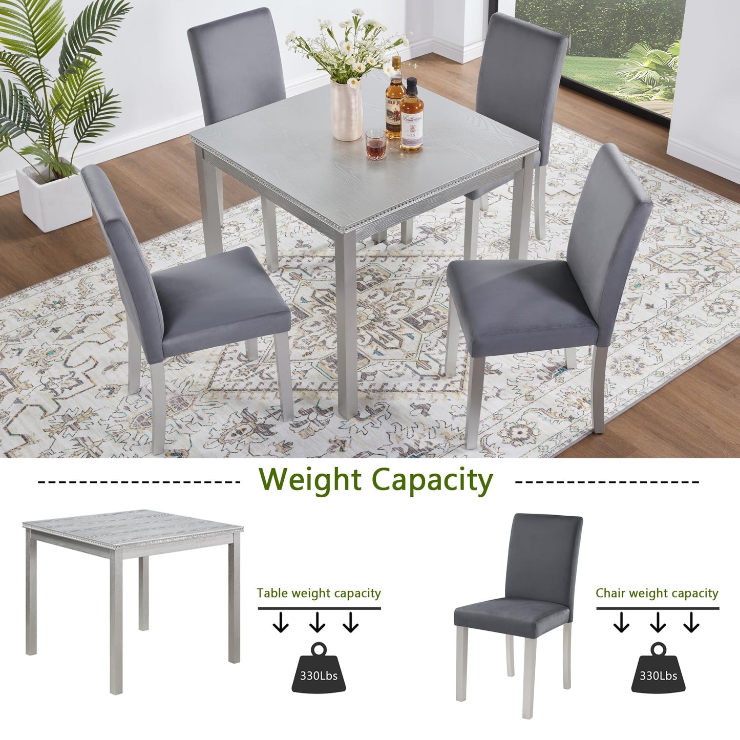 LKTART 5-Piece Kitchen & Dining Room Table and Chairs Sets,Small Square Kitchen Table with 4 Upholstered XX-Shaped Backrest Chairs,Walnut