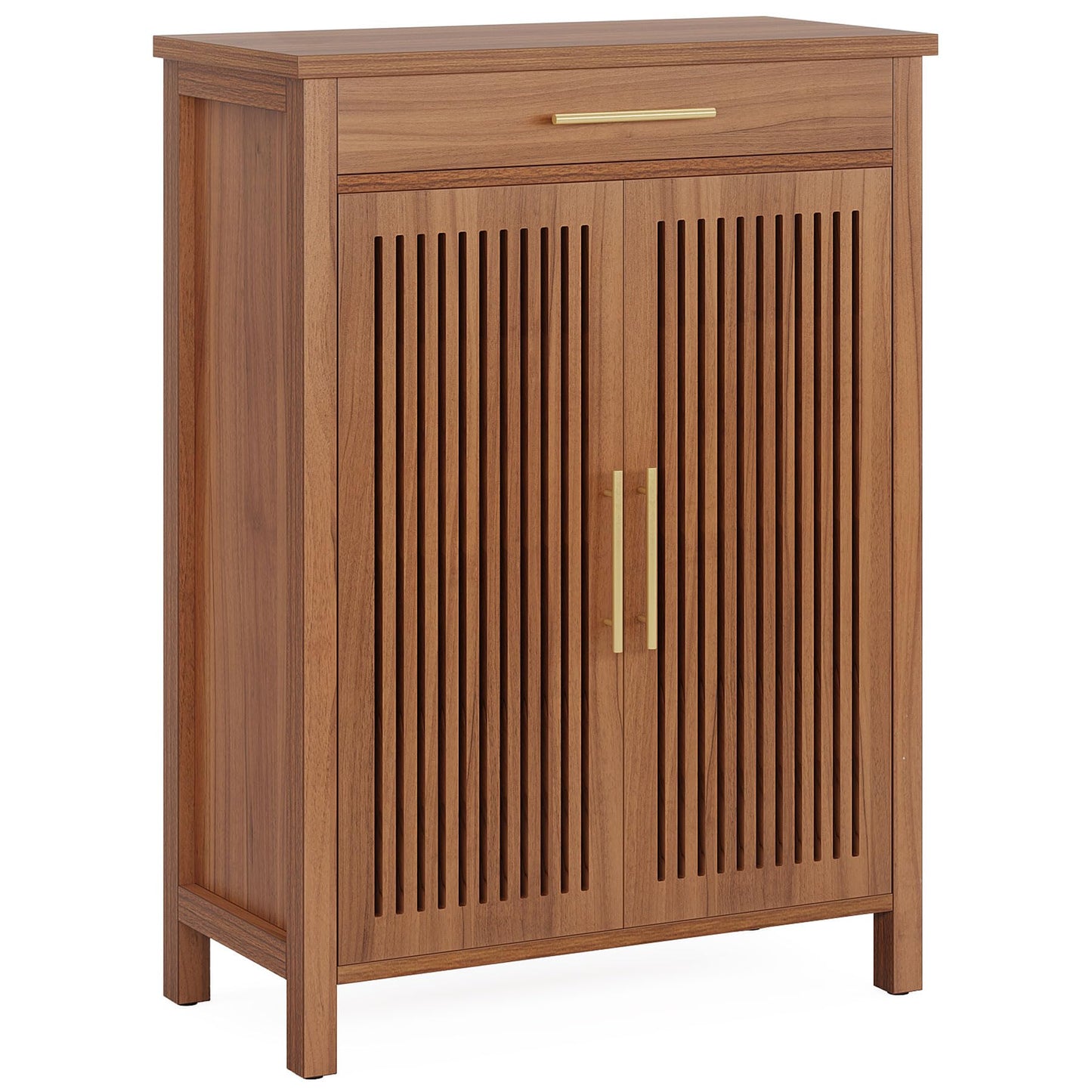 Tribesigns Shoe Cabinet, 5-Tier Shoe Storage Cabinet with Louvered Doors and Drawer, Freestanding Wooden Shoe Rack Organizer with Adjustable Shelves for Entryway, Hallway, Closet, Brown