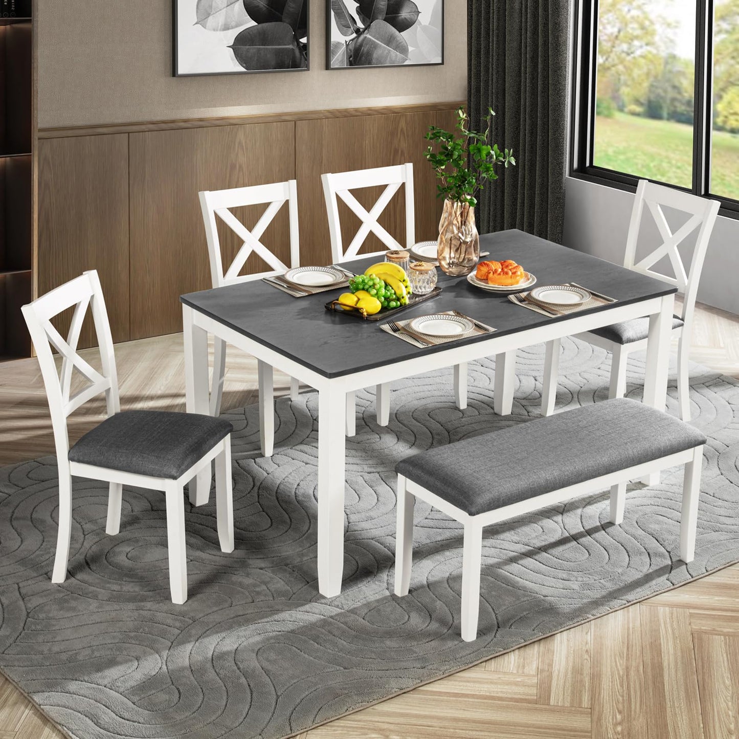 LKTART 6 Piece Kitchen Dining Set, 58.5" Rectangular Wooden Dinner Table with 4 Upholstered Chairs and a Bench for Living Room, Home Bar and Kitchen, Walnut
