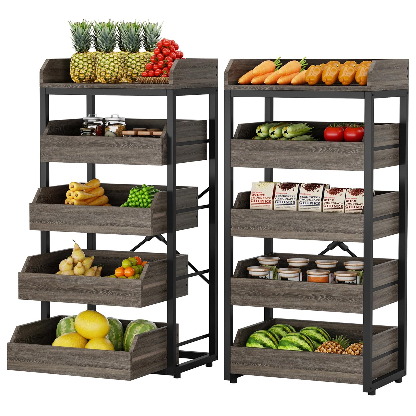 Tribesigns Wood Fruit and Vegetable Storage Rack, 5-Tier Pull-Out Snack Stand Fruit Basket Stand, Utility Shelf Organizer for Kitchen, Living Room, Bedroom, Rustic Brown