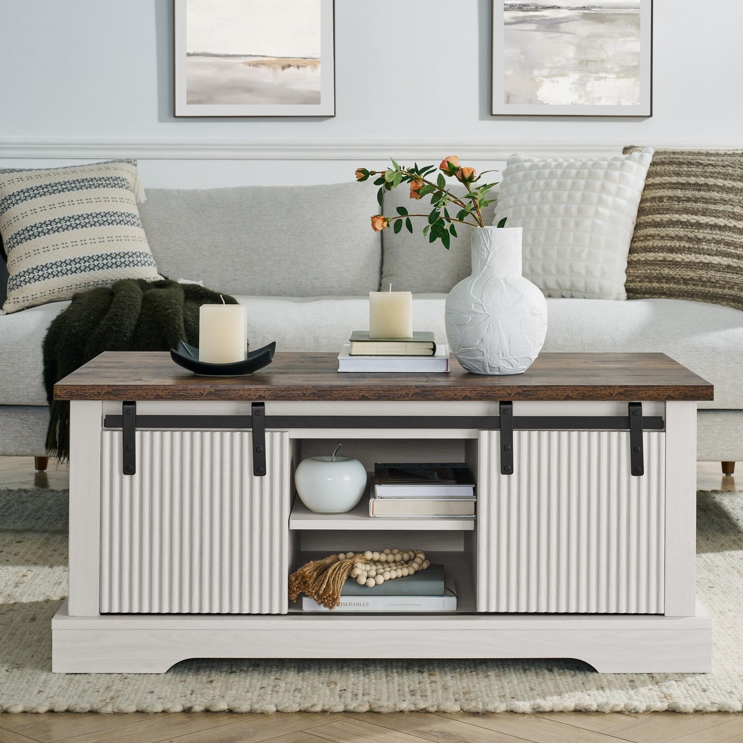 LKTART Farmhouse Coffee Table with Storage and Sliding Barn Door, Rustic Rectangular Center Table for Living Meeting Room,Office (41.3" W x 23.3" D)