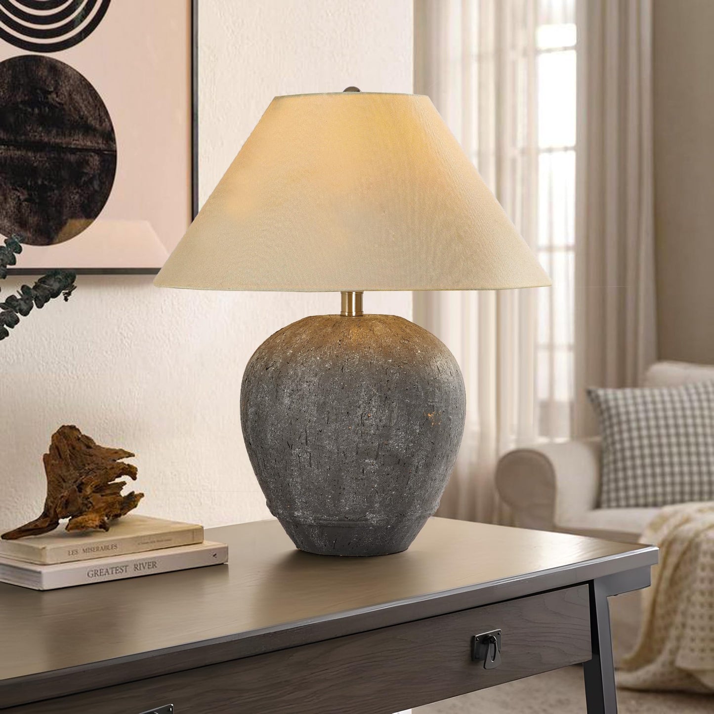 Farmhouse Ceramic Table Lamp, 21" Rustic Table Lamp with Linen Shade, 3-Way Dimmable Bedside Nightstand Lamps for Bedroom, Living Room, E26 Socket, Dark Grey