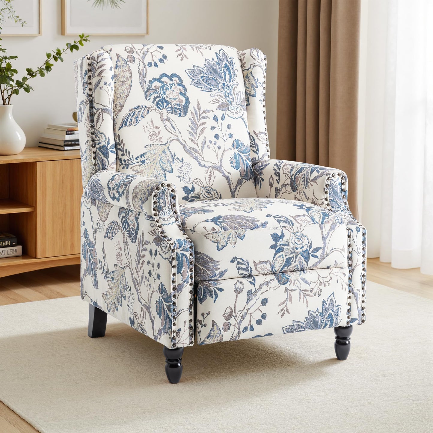 Pushback Recliner Chair, Printed Fabric Wingback Recliner Chair for Living Room, Upholstered Armchair Push Back Recliner with Wood Legs, Rivet Trim Wingback Accent Chair for Bedroom, Navy