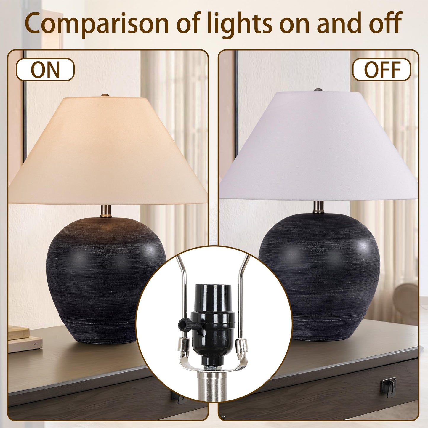 Farmhouse Ceramic Table Lamp, 21" Rustic Table Lamp with Linen Shade, 3-Way Dimmable Bedside Nightstand Lamps for Bedroom, Living Room, E26 Socket, Dark Grey