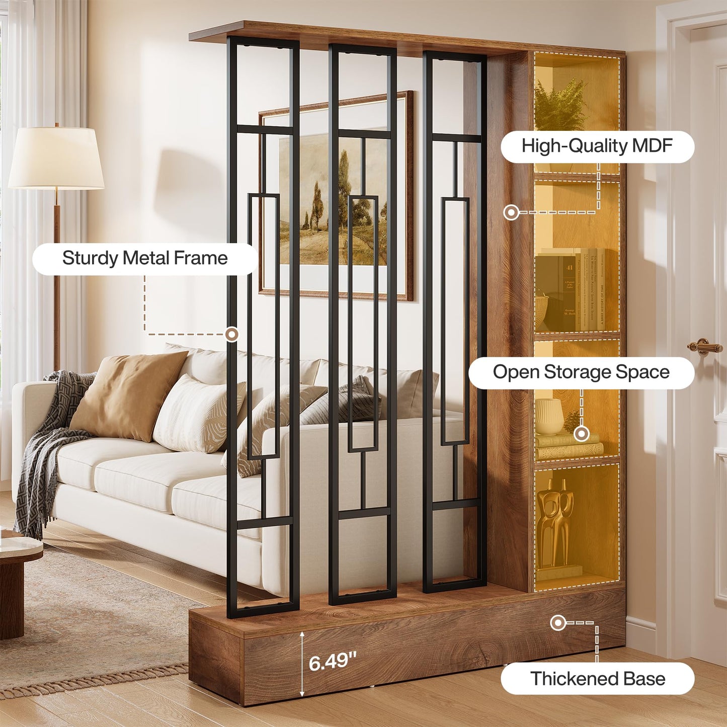 Tribesigns Wall Room Divider with Display Shelves, 70.9" Modern Freestanding Room Divider Screen with Sturdy Base, Wall Partition for Home & Office (Brown & Black, 47.2" W x 11.8" D x 70.9" H)