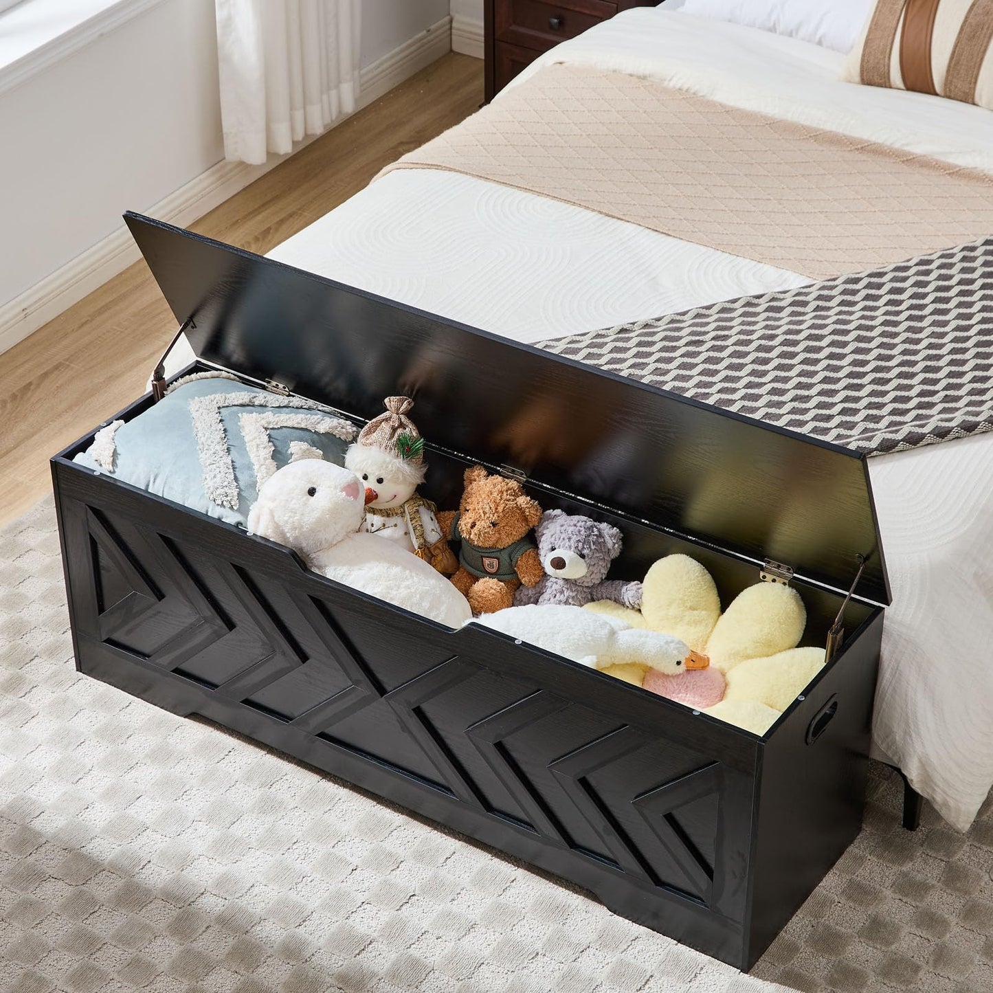 55.1” Storage Bench, Extra Large Entryway Bench with Storage,Storage Chest with 2 Safety Hinges,Blanket Storage,Shoe Storage Chest for Bedroom,Living Room,Easy Assembly. (Greige)