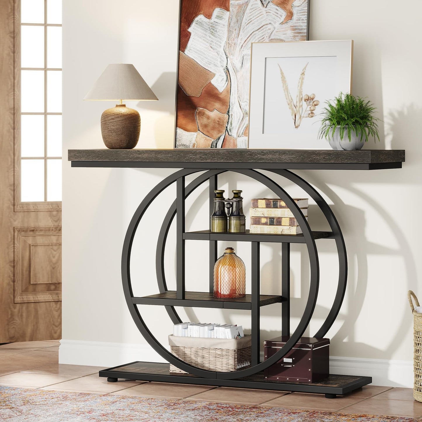 Tribesigns 41.3" Console Table, Industrial 4-Tier Sofa Table Entryway Table with Circle Base, Narrow Wood Accent Tables with Storage Shelves for Living Room, Hallway, Foyer, Rustic Brown