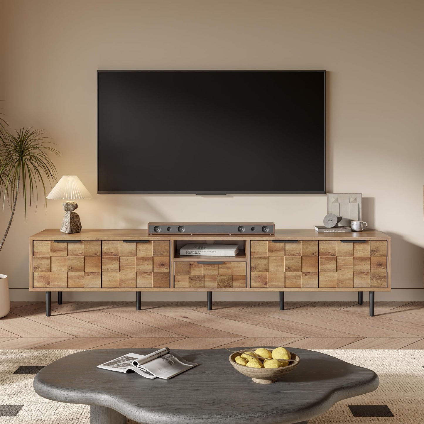 LKTART 67" Mid Century Modern TV Stand for 65/70/75/80" TVs,Entertainment Center with Sliding Doors and Drawers,Media Console for Living Room