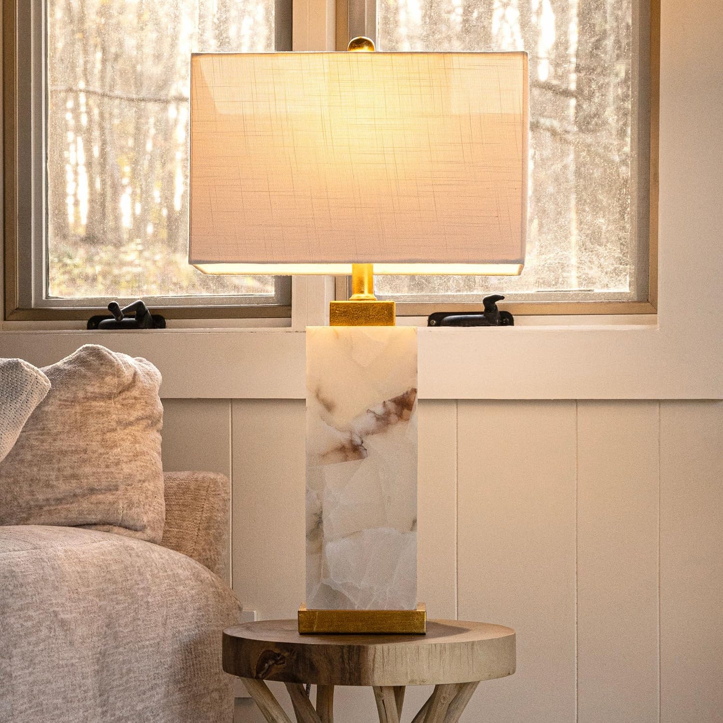 JONATHAN Y 24.25" Black/White Modern Alabaster LED Table Lamp for Home Decor, White Linen Shade, Coastal Nightstand Lamp with Built-in Base Accent Light (JYL8507A)