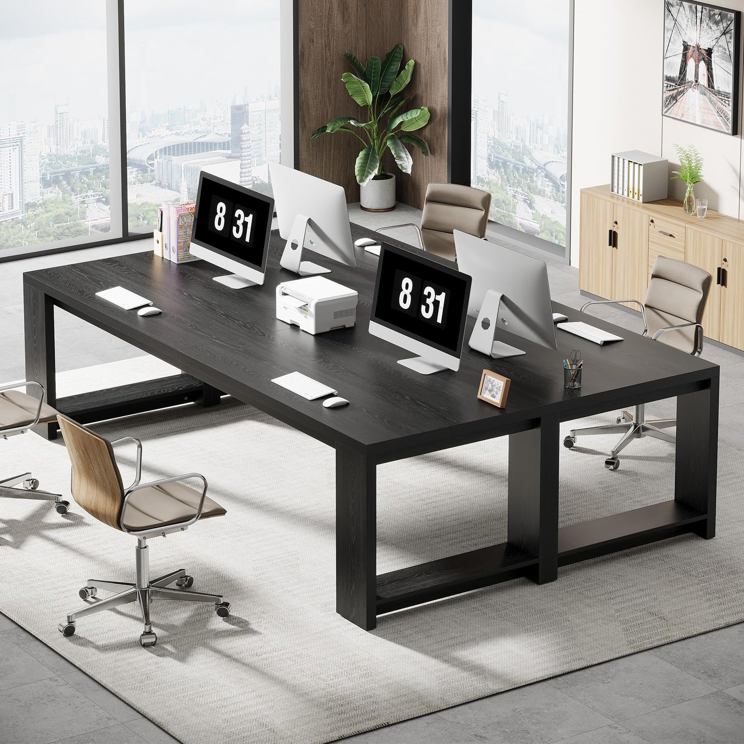 Tribesigns Two Person Desk, 86.6 Inches Extra Long Desk, Double Computer Writing Table, Wood Large Desks Workstation for Home Office, Natural Wood