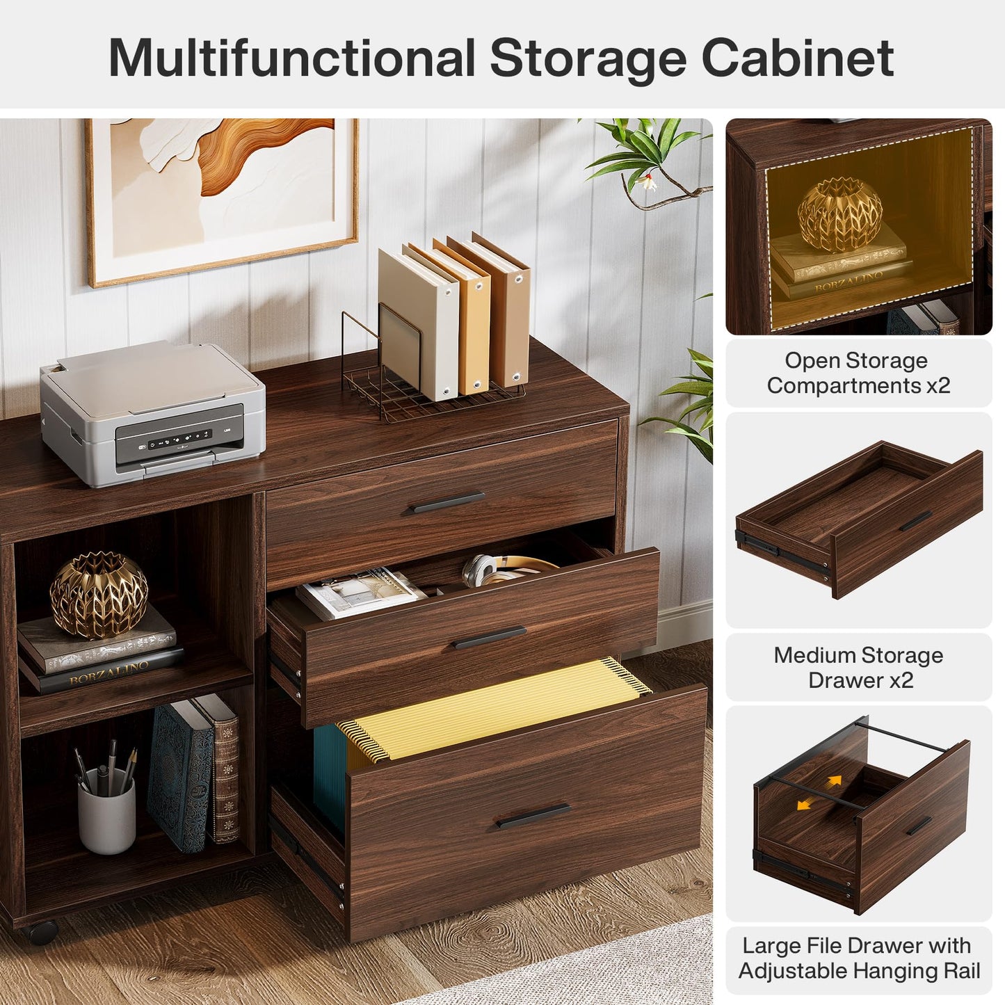 Tribesigns 63" L Shaped Desk with Storage, Executive Office Desk with Rolling File Cabinet Combo, Large Computer Table with Drawers and Shelves, Business Furniture Set for Home Office, Brown