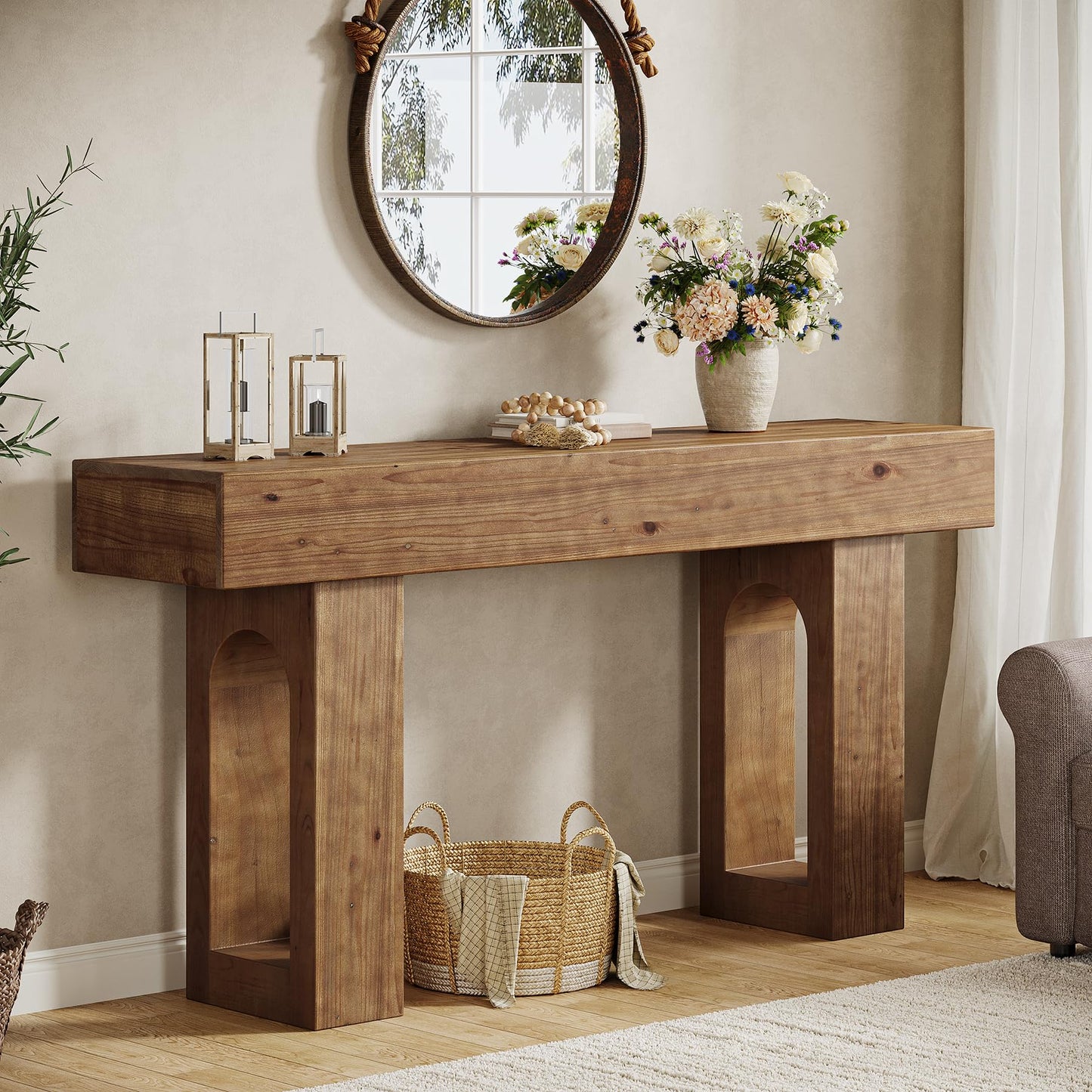 Solid Wood Console Table, 63-Inch Long Farmhouse Entryway Table, Sofa Console Behind Couch, for Foyer, Hallway, Living Room, Dark Brown