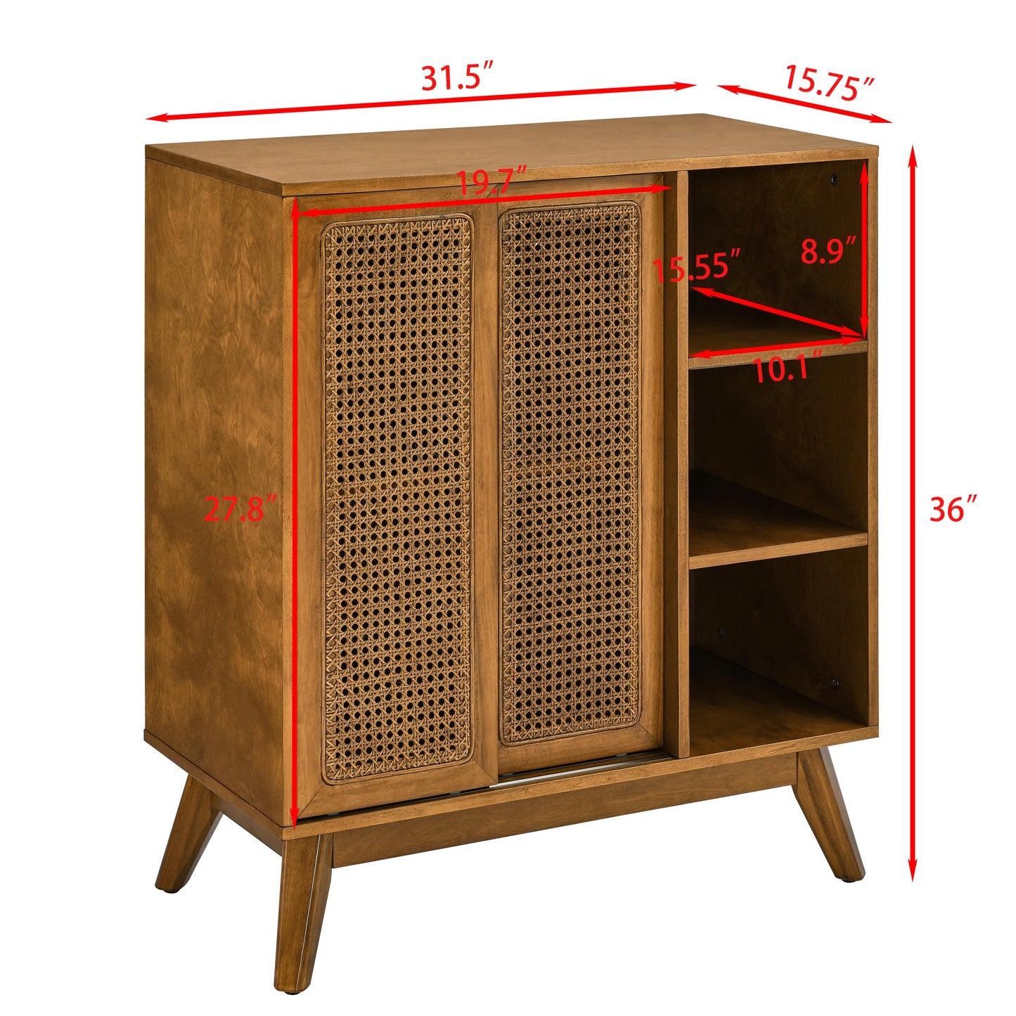 LKTART Mid Century Modern Storage Cabinet with Rattan Sliding Doors and Open Shelves, Boho Style Wooden Sideboard Buffet for Living Room,Dark Walnut