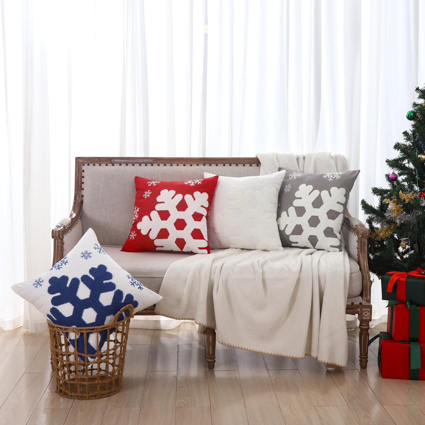VAKADO Christmas Throw Pillow Covers 18x18 Set of 2 Embroidered Snowflake Decorative Xmas Cushion Cases Holiday Soft Home Decor for Bedroom Sofa Chair Porch Winter, Blue