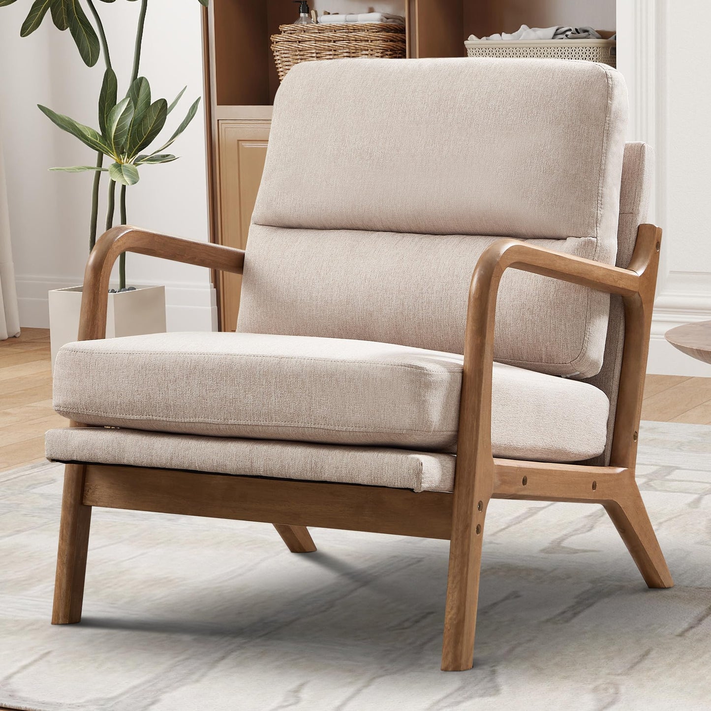 IOMOR Mid Century Modern Accent Chair with Solid Wood Frame Linen Fabric, Upholstered Living Room Chairs with Lumbar Cushion Padded Arms, Reading Armchair for Bedroom (1, Warm Beige)
