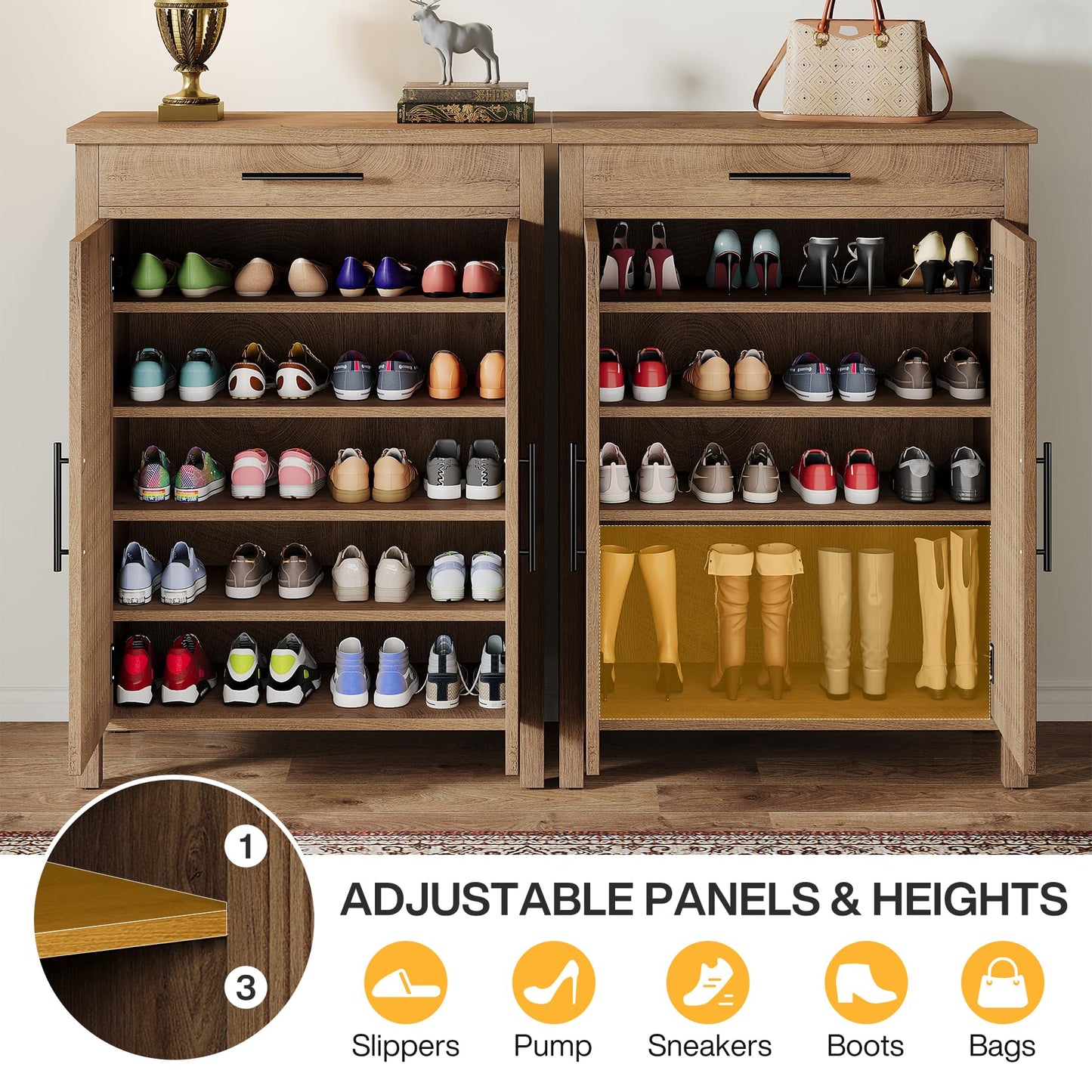 Tribesigns Shoe Cabinet, 5-Tier Shoe Storage Cabinet with Louvered Doors and Drawer, Freestanding Wooden Shoe Rack Organizer with Adjustable Shelves for Entryway, Hallway, Closet, Brown